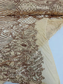 Damask Geometric Sequins - Rose Gold - 4 Way Stretch Sequins Damask Pattern Design Sold By Yard