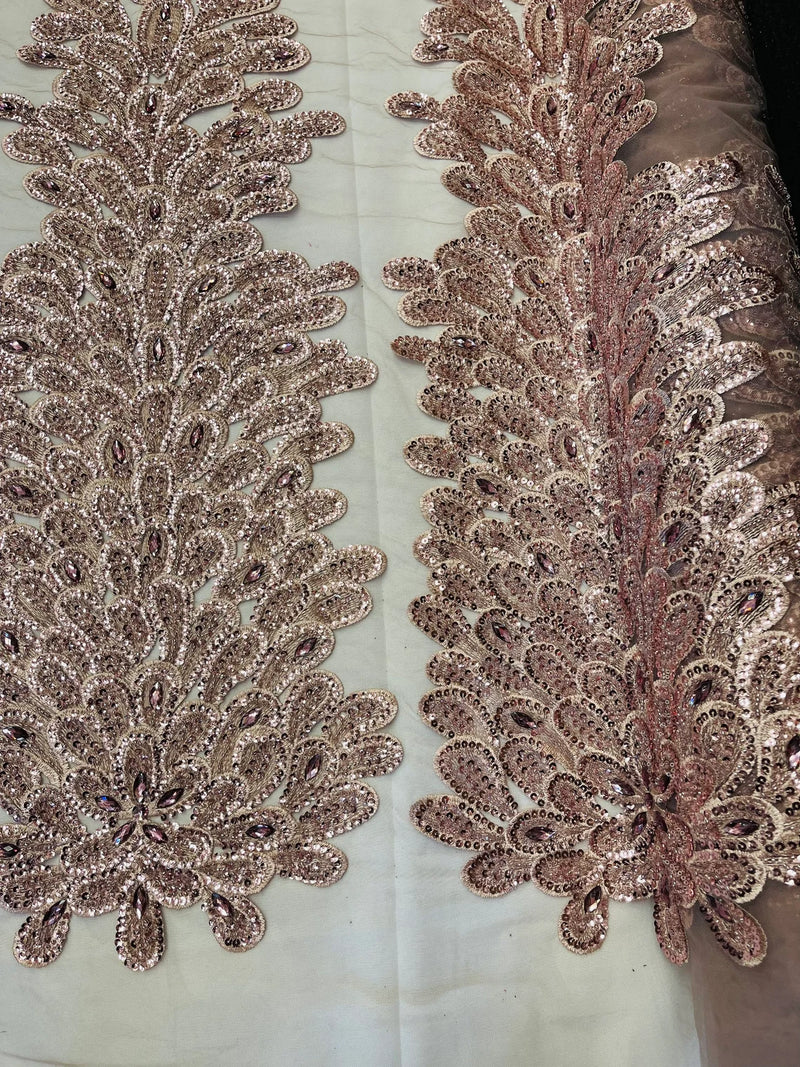 3D Beaded Peacock Feathers - Rose Gold - Vegas Design Embroidered Sequins and Beads On a Mesh Lace Fabric (Choose The Panels)