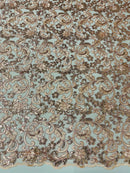 Metallic Floral Lace Fabric - Rose Gold - Embroidered Sequins Floral Design Sold By Yard