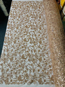 Floral Pattern Beaded Fabric - Rose Gold - Embroidered Bead & Sequins Wedding Bridal Fabric Sold By The Yard