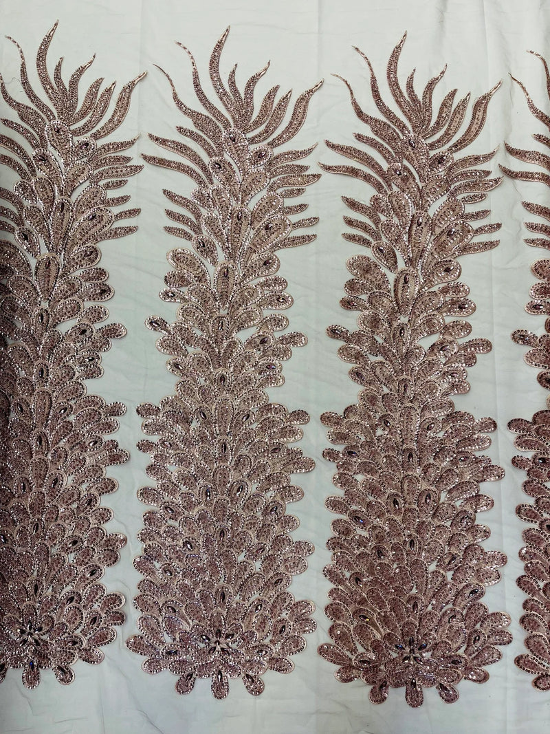 3D Beaded Peacock Feathers - Rose Gold - Vegas Design Embroidered Sequins and Beads On a Mesh Lace Fabric (Choose The Panels)