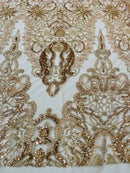 Beaded Fabric by yard - Rose Gold - Damask Pattern With Beads and Sequin, Appliqué Lace for Bridal and Prom Dress