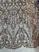 Heart Damask Sequins - Rose Gold - 4 Way Stretch Elegant Shiny Net Sequins Fabric By Yard
