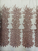 3D Beaded Peacock Feathers - Rose Gold - Vegas Design Embroidered Sequins and Beads On a Mesh Lace Fabric (Choose The Panels)