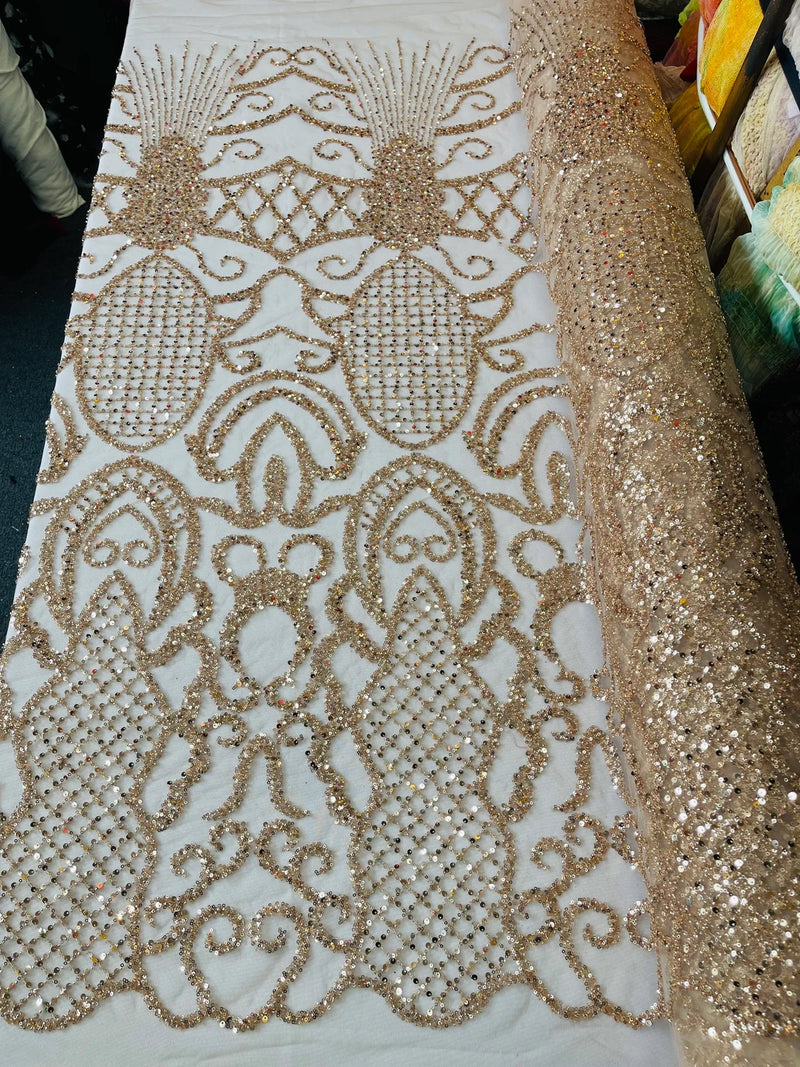 Beaded Fashion Design Fabric - Rose Gold - Beaded Embroidered Damask Style Fabric on Mesh By Yard