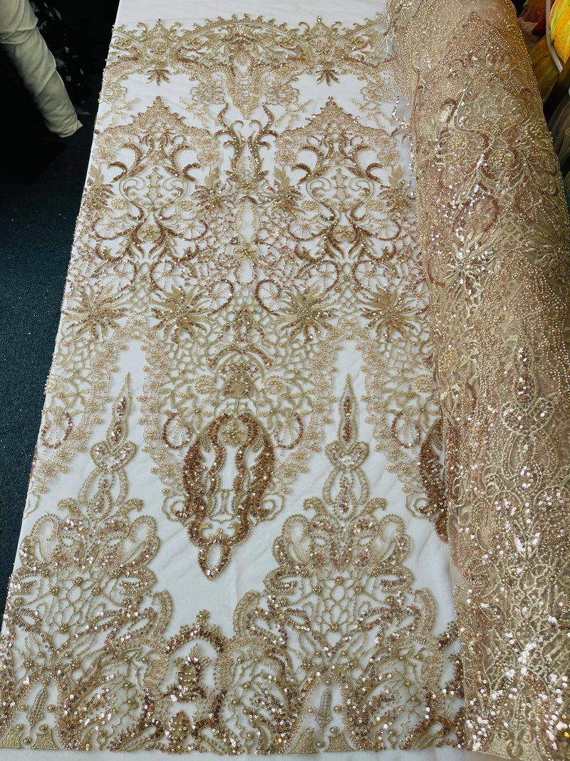 Beaded Fabric by yard - Rose Gold - Damask Pattern With Beads and Sequin, Appliqué Lace for Bridal and Prom Dress