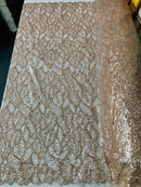 Beaded Leaf Designs Fabric - Rose Gold - Embroidered Beads in Leaves Pattern Sold By Yard