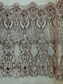 Damask Geometric Sequins - Rose Gold - 4 Way Stretch Sequins Damask Pattern Design Sold By Yard