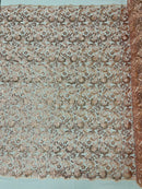 Metallic Floral Lace Fabric - Rose Gold - Embroidered Sequins Floral Design Sold By Yard