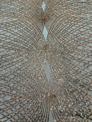 2 Way Stretch Diamond Fabric - Rose Gold on Black - Geometric Diamond Design on Mesh By The Yard