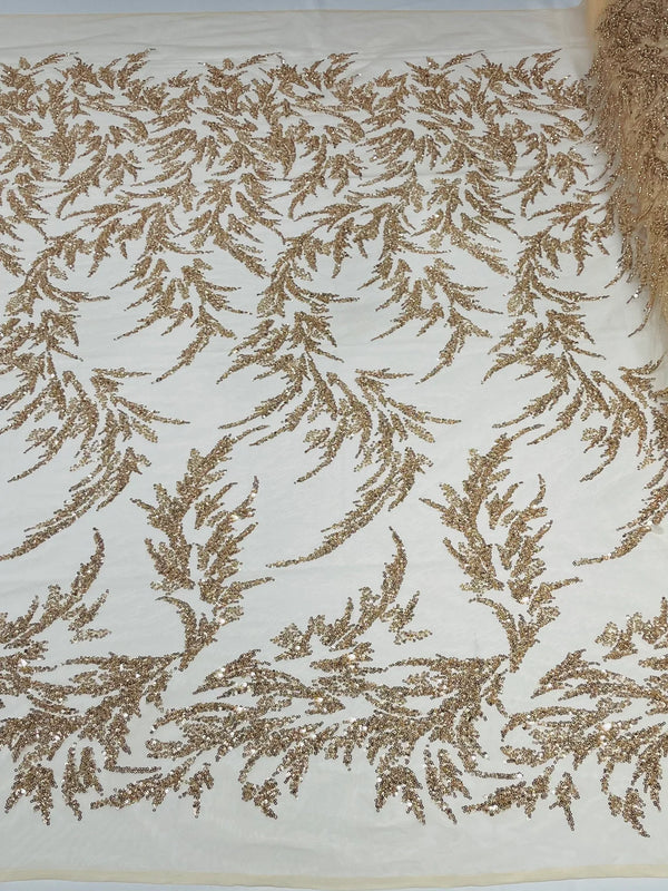 Leaf Plant Cluster Design Fabric - Rose Gold - Beaded Embroidered Leaves Design on Lace Mesh By Yard