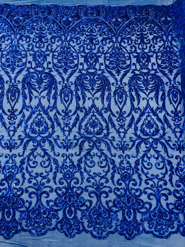 Damask Decor Sequins - Royal Blue - 4 Way Stretch Design High Quality Fabric By Yard