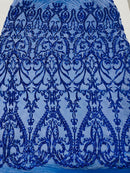 4 Way Stretch - Royal Blue - Sequins Damask Design Fabric Embroidered On Mesh Sold By The Yard