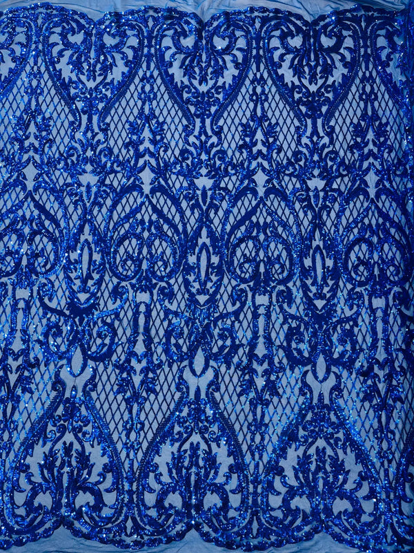 Heart Damask Sequins - Royal Blue - 4 Way Stretch Elegant Shiny Net Sequins Fabric By Yard