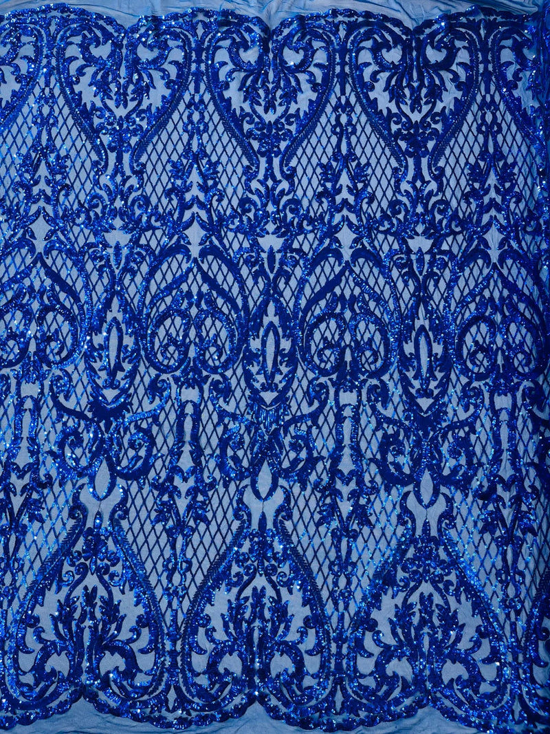 Heart Damask Sequins - Royal Blue - 4 Way Stretch Elegant Shiny Net Sequins Fabric By Yard