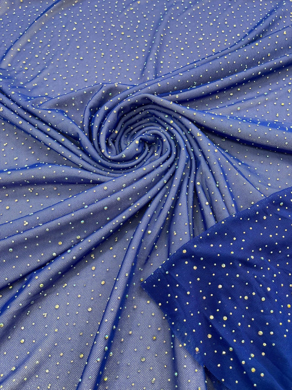 Power Mesh Polyester Rhinestone Fabric - Royal Blue - 4 Way Stretch Power Mesh Fabric Crystal Stones By Yard