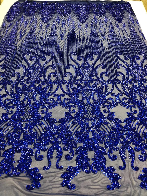 Damask Line Pattern - Royal Blue - 4 Way Stretch Damask Sequins Line Fabric Sold By Yard