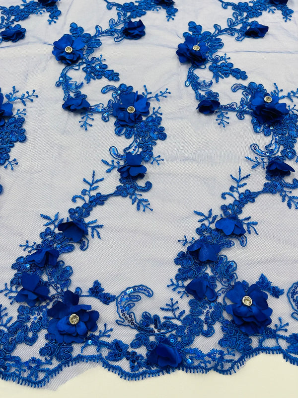 3D Lace Flower Fabric - Royal Blue - Embroidered Sequins and 3D Floral Patterns on Lace By Yard