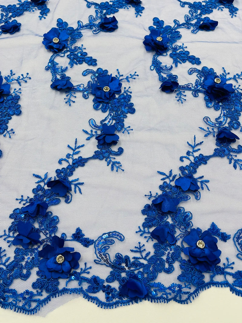 3D Lace Flower Fabric - Royal Blue - Embroidered Sequins and 3D Floral