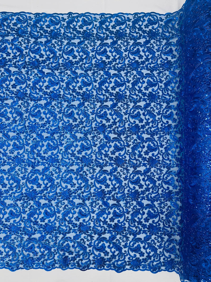 Metallic Floral Lace Fabric - Royal Blue - Embroidered Sequins Floral Design Sold By Yard