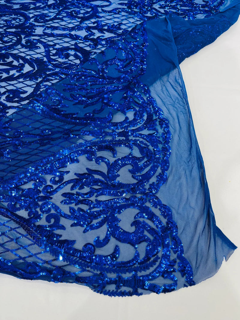 Heart Damask Sequins - Royal Blue - 4 Way Stretch Elegant Shiny Net Sequins Fabric By Yard