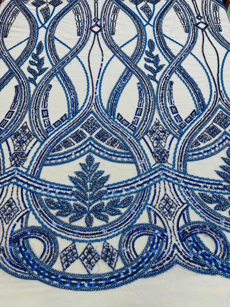 Wavy Design Fabric with Leaves - Royal Blue - Elegant Beaded Design Embroidered on a Mesh Sold By Yard