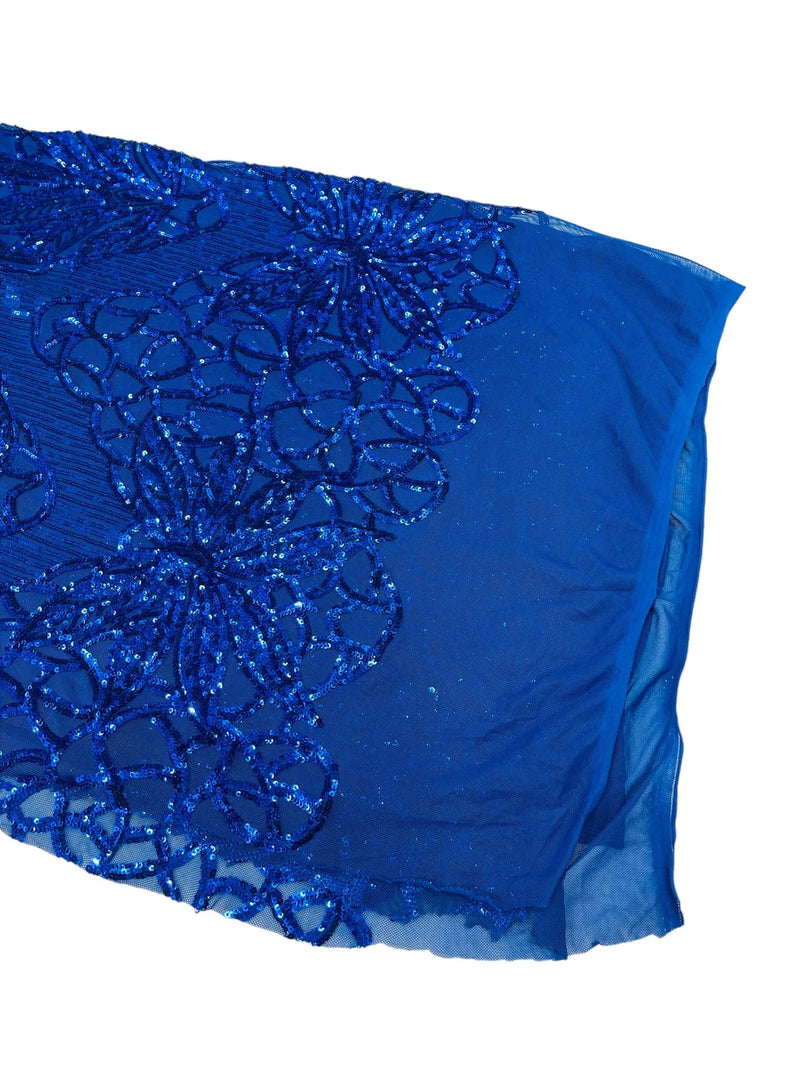 Elegant Floral Leaf Design - Royal Blue - 4 Way Stretch Sequins Lace Spandex Fabric By Yard