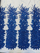 3D Beaded Peacock Feathers - Royal Blue - Vegas Design Embroidered Sequins and Beads On a Mesh Lace Fabric (Choose The Panels)