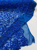 Damask Decor Sequins - Royal Blue - 4 Way Stretch Design High Quality Fabric By Yard