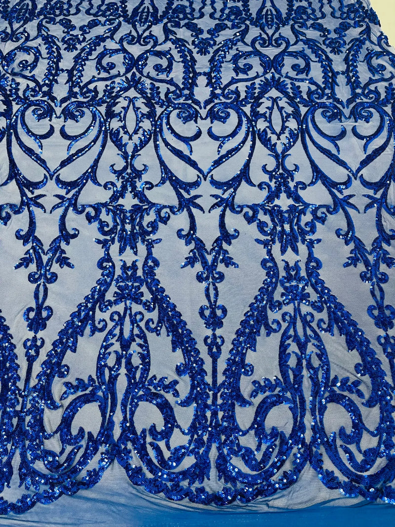 4 Way Stretch - Royal Blue - Sequins Damask Design Fabric Embroidered On Mesh Sold By The Yard