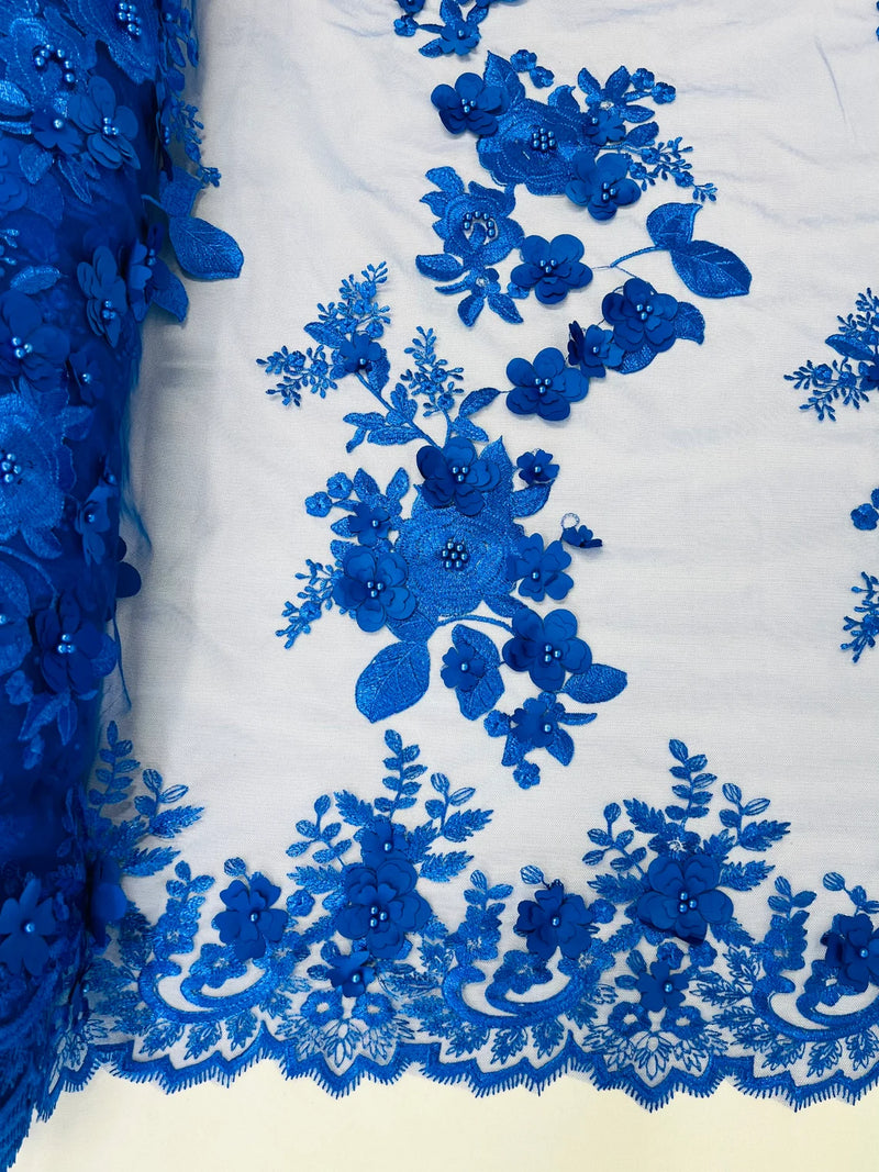 Floral 3D Rose Fabric - Royal Blue - Embroided Rose Flower Design Fabric Sold by Yard