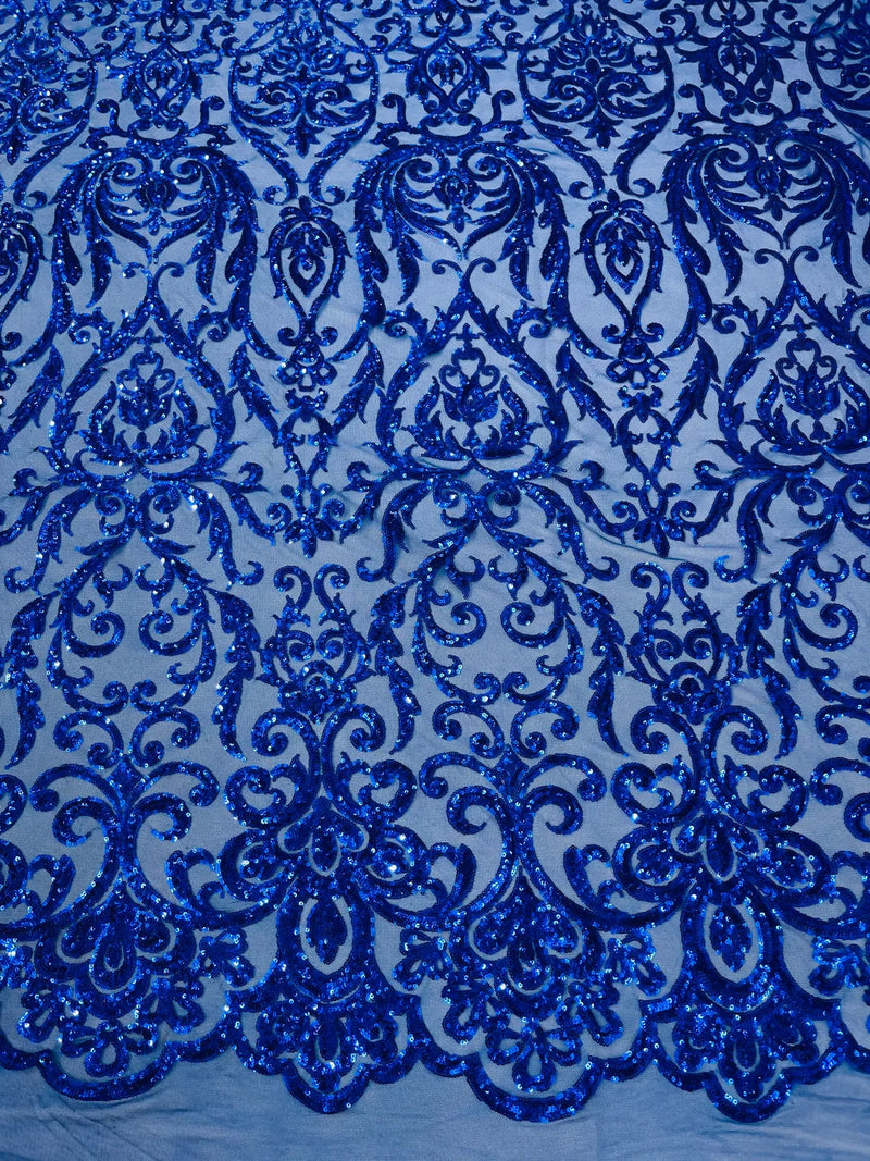 Damask Decor Sequins - Royal Blue - 4 Way Stretch Design High Quality Fabric By Yard
