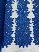 3D Beaded Peacock Feathers - Royal Blue - Vegas Design Embroidered Sequins and Beads On a Mesh Lace Fabric (Choose The Panels)