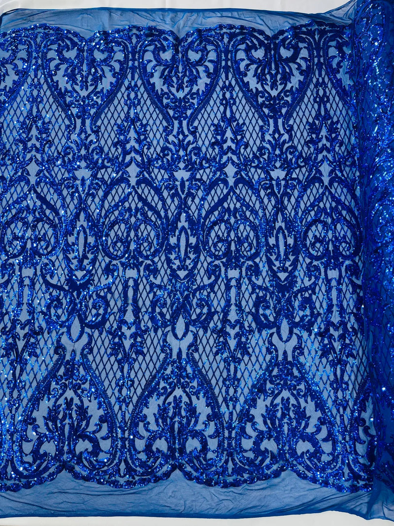 Heart Damask Sequins - Royal Blue - 4 Way Stretch Elegant Shiny Net Sequins Fabric By Yard