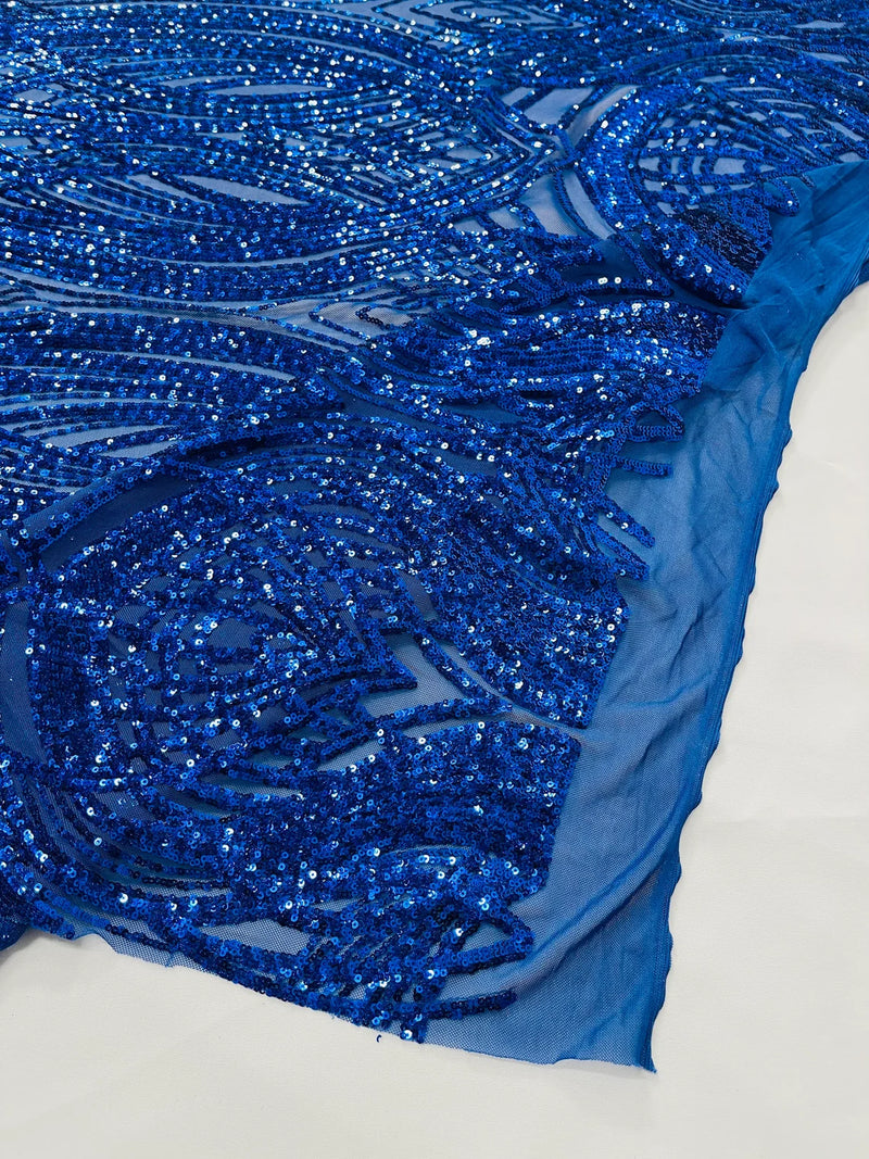 Long Wavy Pattern Sequins - Royal Blue - 4 Way Stretch Sequins Fabric Line Design By Yard