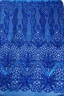 Elegant Floral Leaf Design - Royal Blue - 4 Way Stretch Sequins Lace Spandex Fabric By Yard