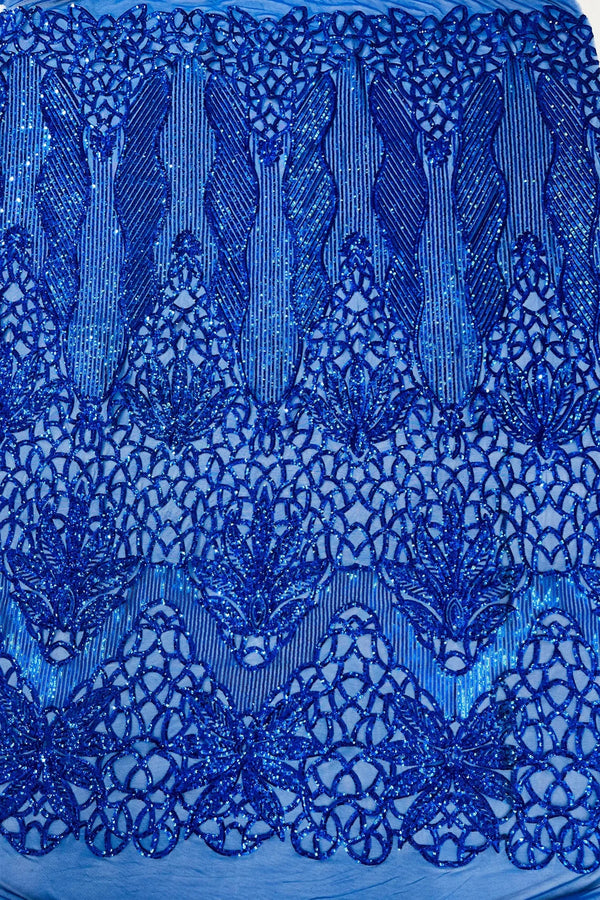 Elegant Floral Leaf Design - Royal Blue - 4 Way Stretch Sequins Lace Spandex Fabric By Yard