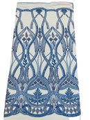 Wavy Design Fabric with Leaves - Royal Blue - Elegant Beaded Design Embroidered on a Mesh Sold By Yard