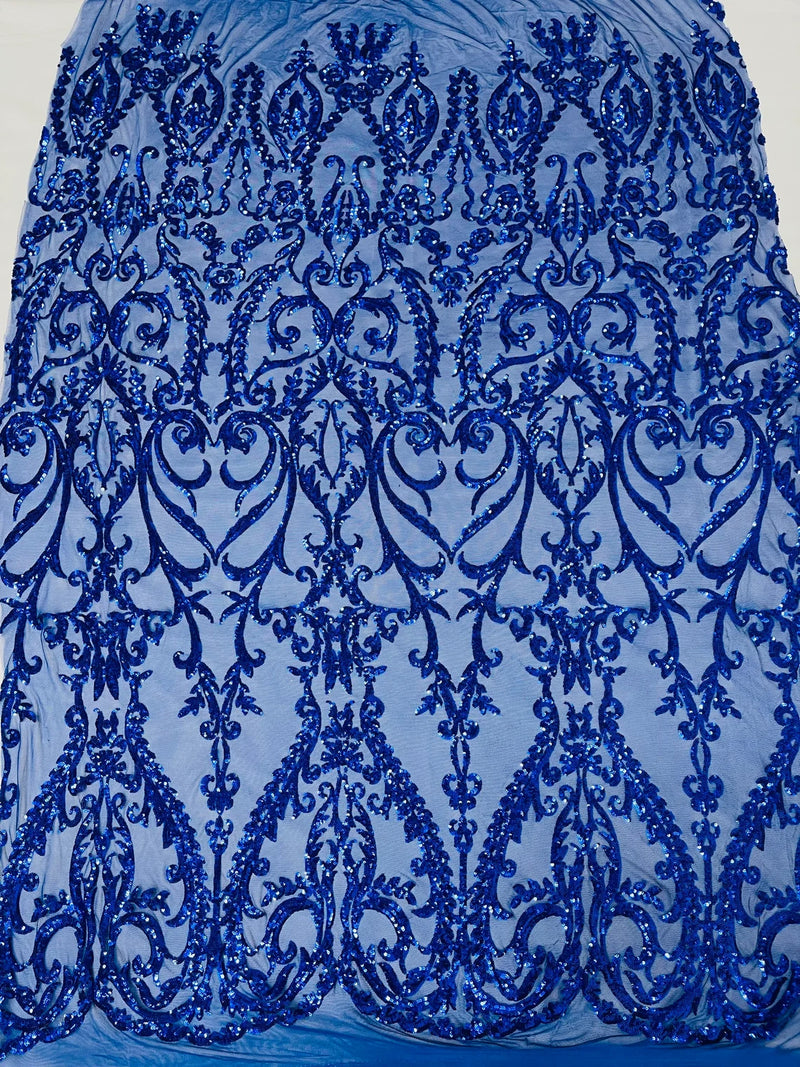 4 Way Stretch - Royal Blue - Sequins Damask Design Fabric Embroidered On Mesh Sold By The Yard