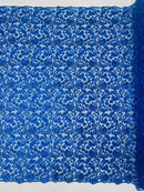 Metallic Floral Lace Fabric - Royal Blue - Embroidered Sequins Floral Design Sold By Yard