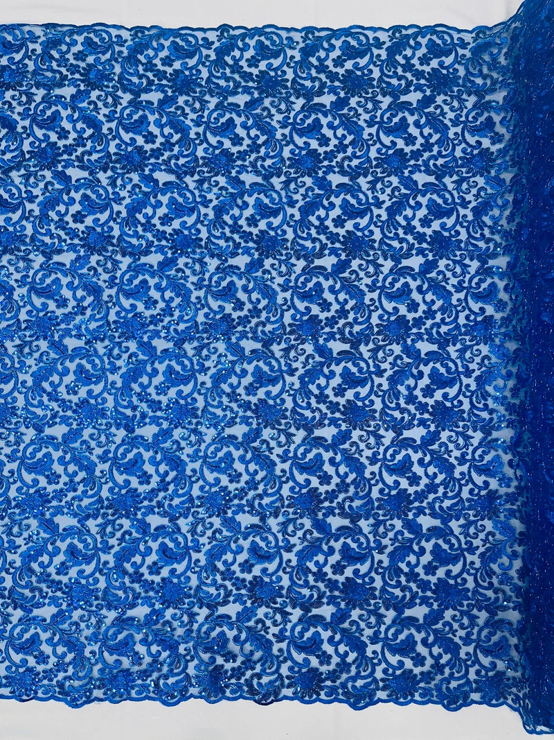 Metallic Floral Lace Fabric - Royal Blue - Embroidered Sequins Floral Design Sold By Yard
