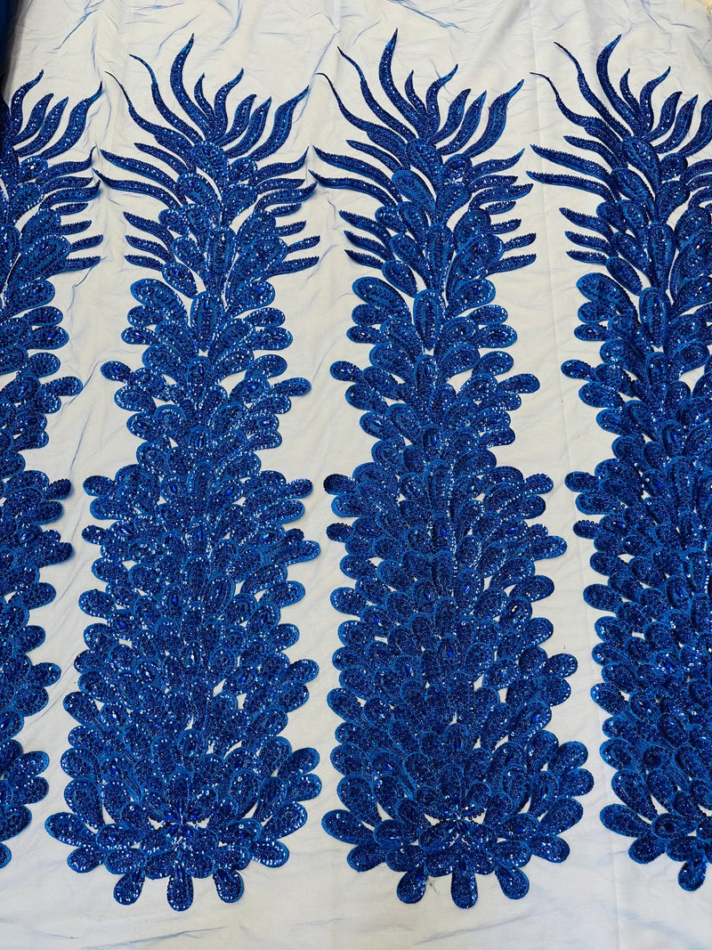 3D Beaded Peacock Feathers - Royal Blue - Vegas Design Embroidered Sequins and Beads On a Mesh Lace Fabric (Choose The Panels)