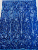 Long Wavy Pattern Sequins - Royal Blue - 4 Way Stretch Sequins Fabric Line Design By Yard
