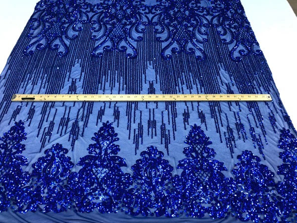 Damask Line Pattern - Royal Blue - 4 Way Stretch Damask Sequins Line Fabric Sold By Yard
