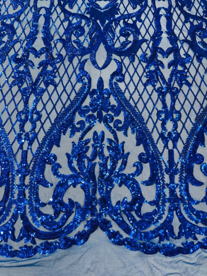 Heart Damask Sequins - Royal Blue - 4 Way Stretch Elegant Shiny Net Sequins Fabric By Yard