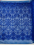 Damask Decor Sequins - Royal Blue - 4 Way Stretch Design High Quality Fabric By Yard