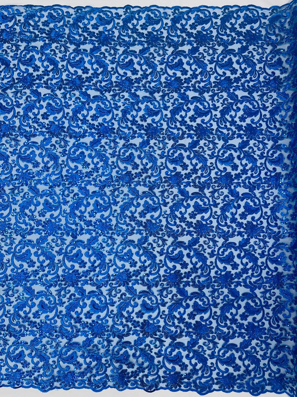 Metallic Floral Lace Fabric - Royal Blue - Embroidered Sequins Floral Design Sold By Yard