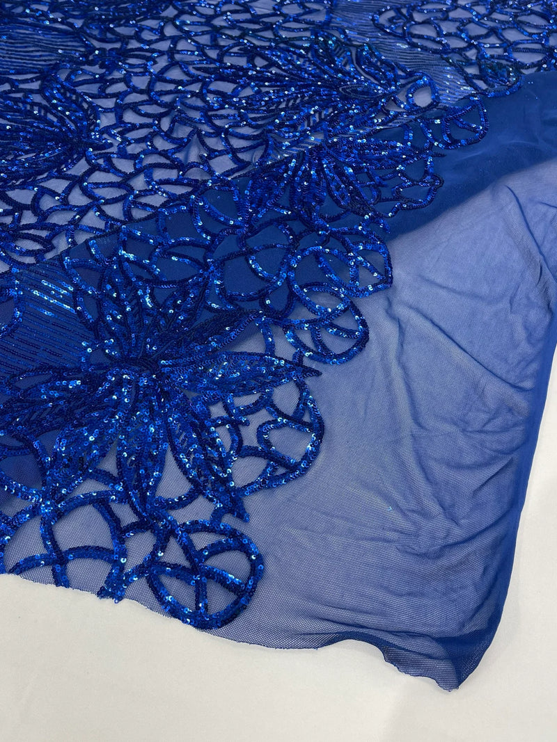 Elegant Floral Leaf Design - Royal Blue - 4 Way Stretch Sequins Lace Spandex Fabric By Yard