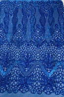 Elegant Floral Leaf Design - Royal Blue - 4 Way Stretch Sequins Lace Spandex Fabric By Yard