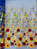 3D Floral and Leaves Embroidery - Royal Blue - Multi Color Flower Design on Mesh by Yard